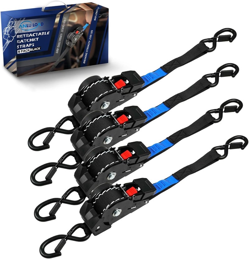 ANLU LOAD ANLULOAD Retractable Ratchet Strap(1 in x 9.8 ft),Ratchet Tie Down Strap for Motorcycles, Boats,Atvs,Utvs.W.L.L:700 Lbs/B.S:2,100 Lbs-(4Packs) (Black) - Image 1